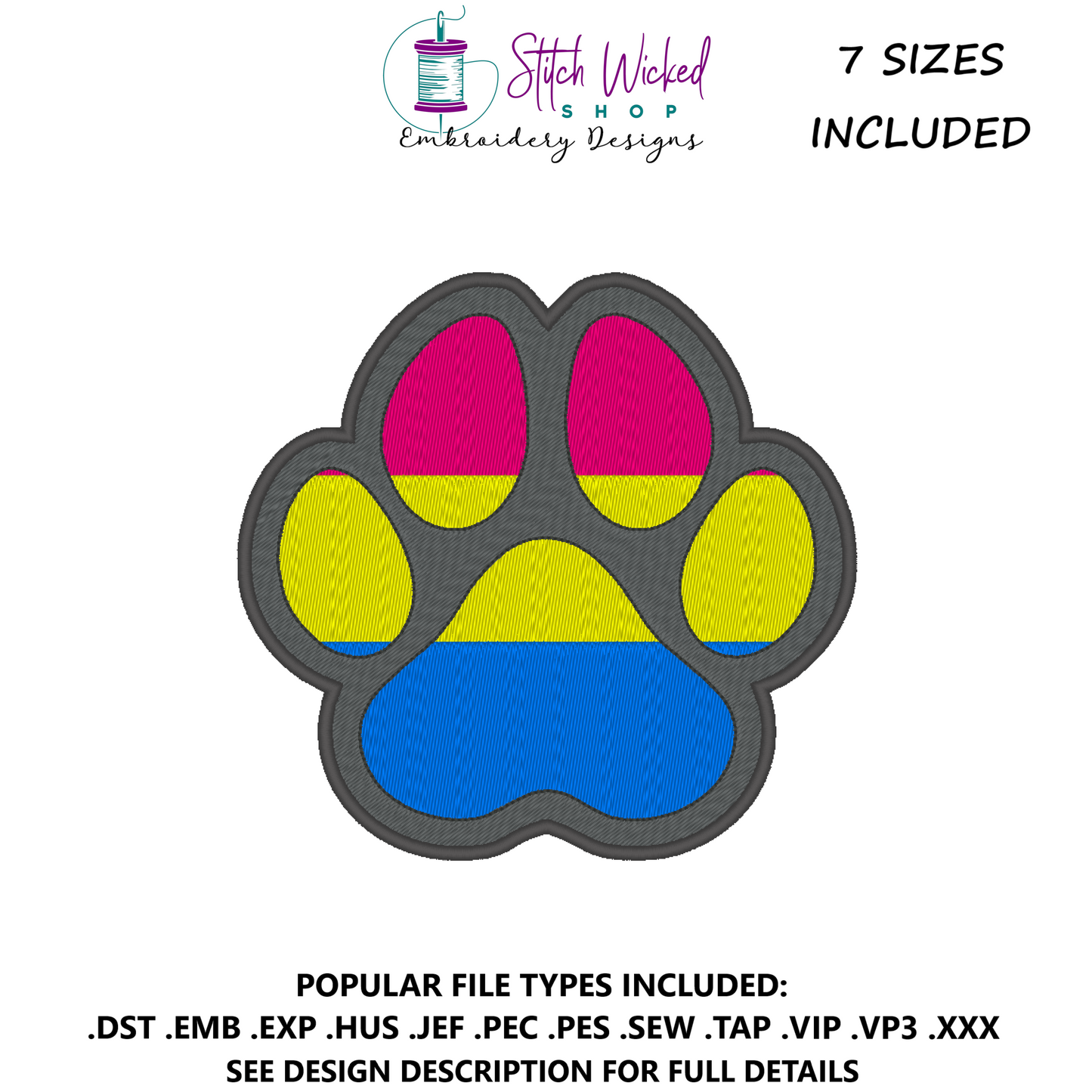 Pansexual Pride Flag Paw Print Machine Embroidery Design, Pride Flag Embroidery Design, LGBTQ Embroidery Design, Flag Embroidery, 7 Sizes