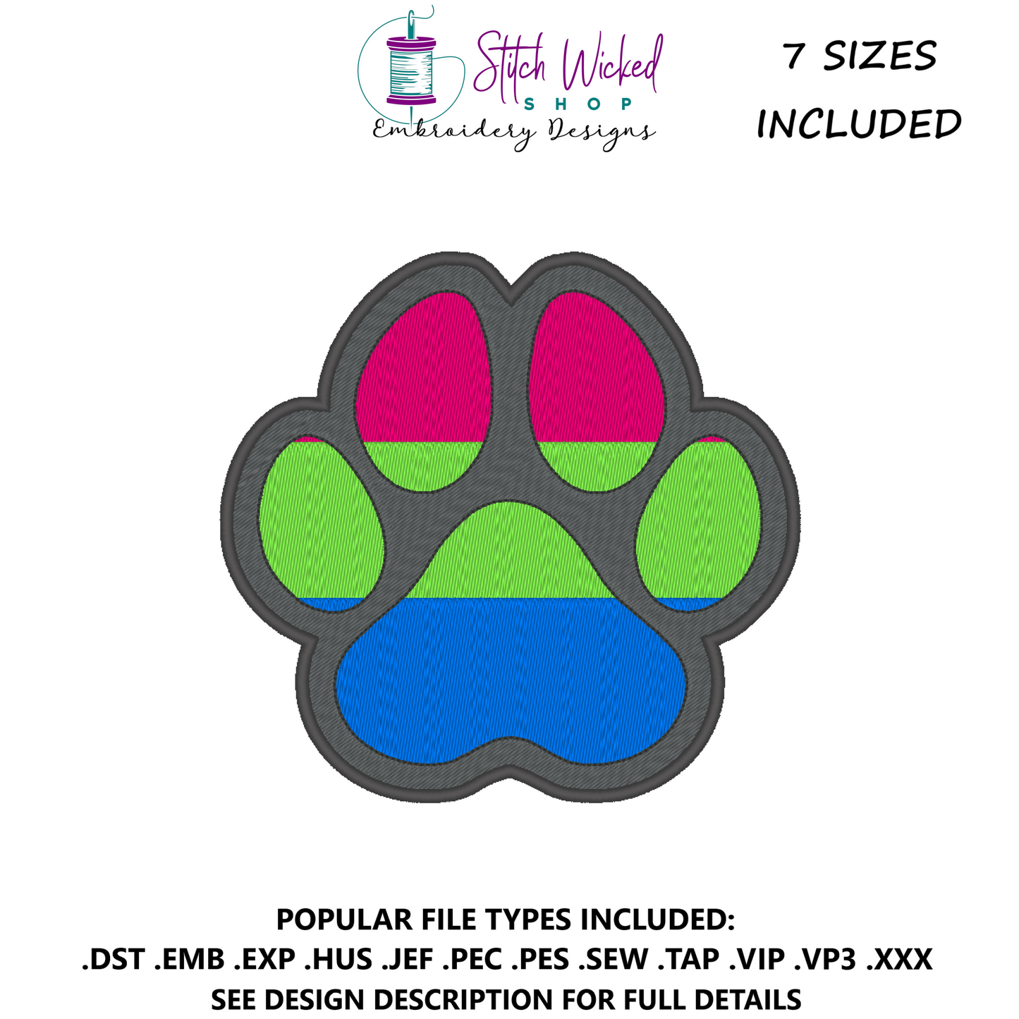 Polysexual Pride Flag Paw Print Machine Embroidery Design, Pride Flag Embroidery Design, LGBTQ Embroidery Design, Flag Embroidery, 7 Sizes