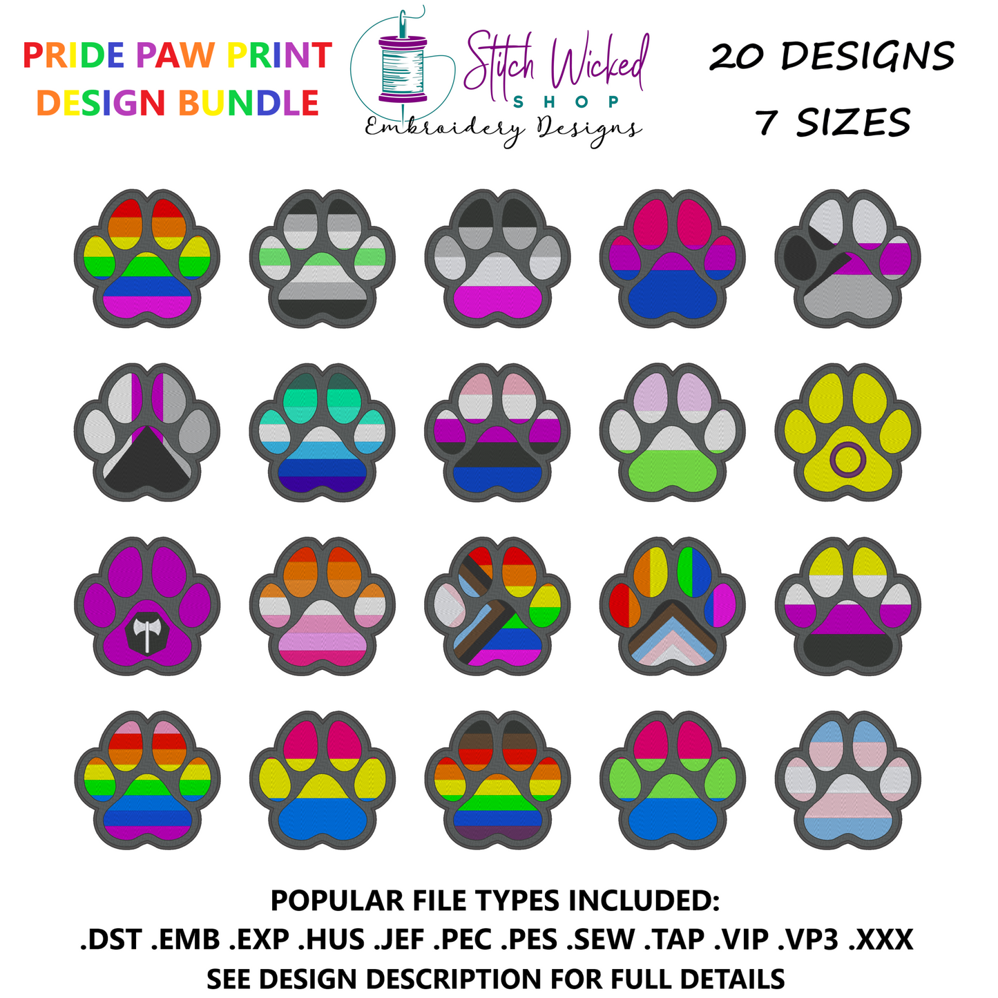 Pride Flag Paw Prints Machine Embroidery Design Bundle, 20 Designs, 7 Sizes