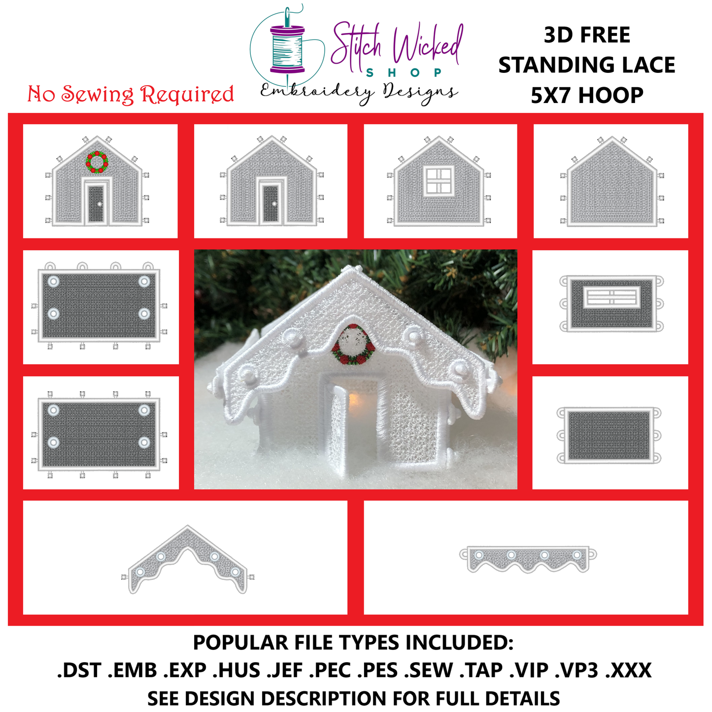 Free Standing Lace 3D Winter Village House Machine Embroidery Designs, 5X7 Christmas Village Cottage