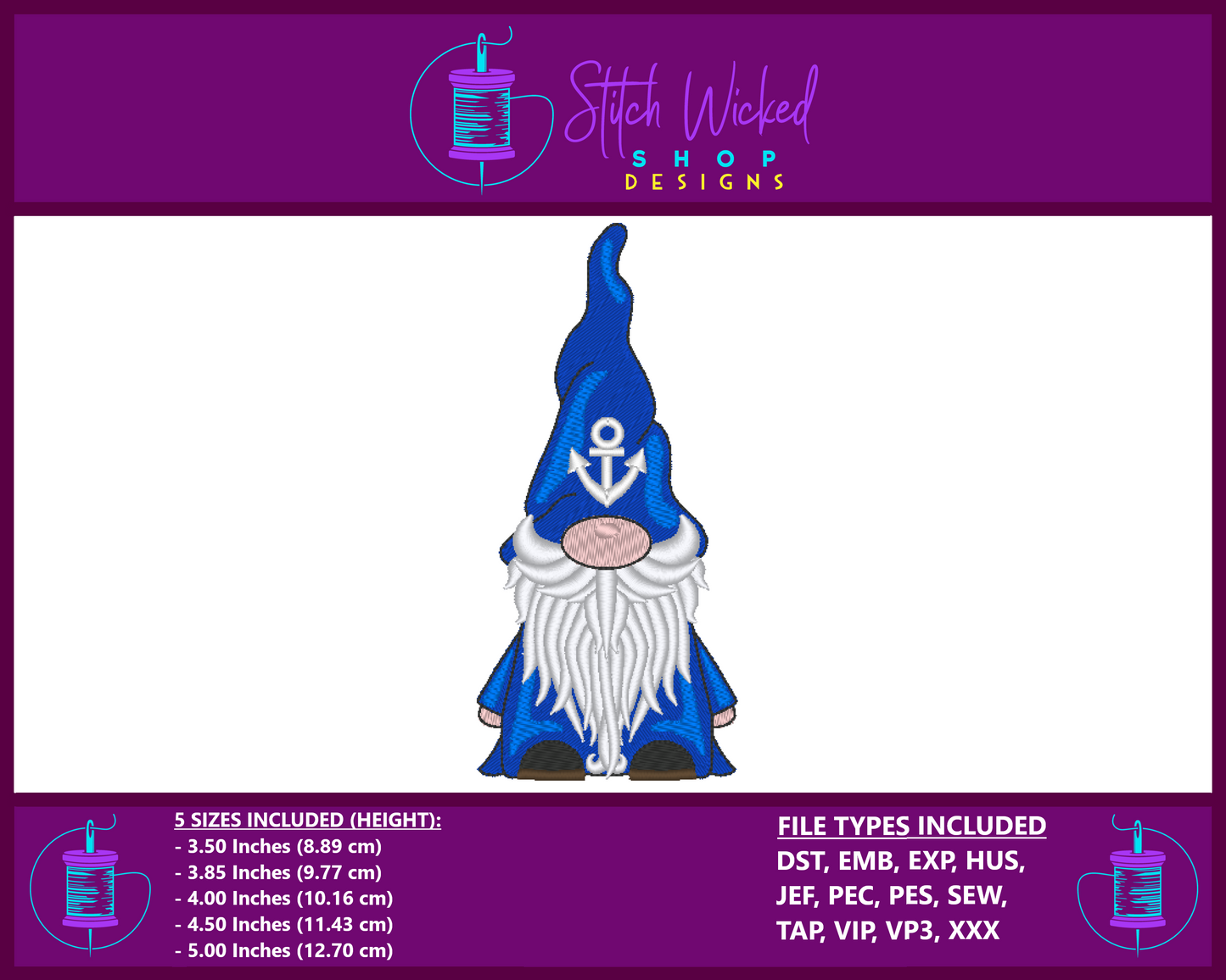 Gnome Machine Embroidery Design, Nautical Gnome Embroidery Pattern, Gnome with Anchor Hat, Gnome Pattern, Gnome Design, Gnome DIY Pattern - Stitch Wicked Shop