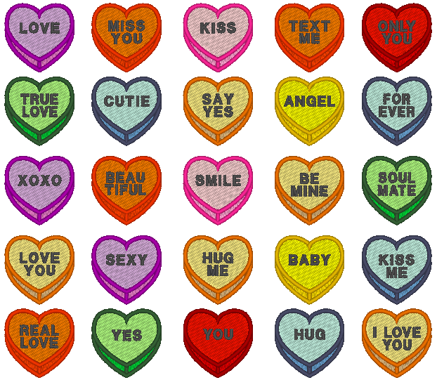 Candy Hearts Embroidery Designs, Conversation Hearts, Valentine Machine Embroidery Design, Heart Embroidery Design, Candy Hearts with Saying