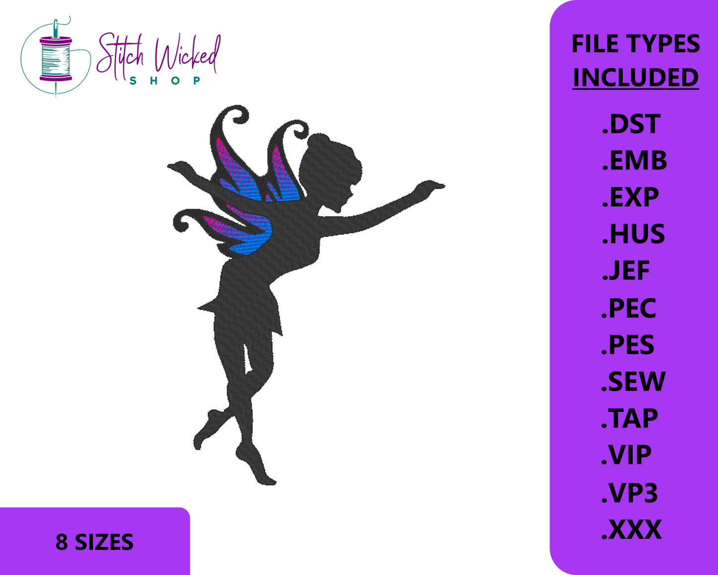 Fairy Silhouette Machine Embroidery Design, Fantasy Embroidery Machine File, Embroidery Fairies, Instant Download, 8 Sizes, Fairy 2