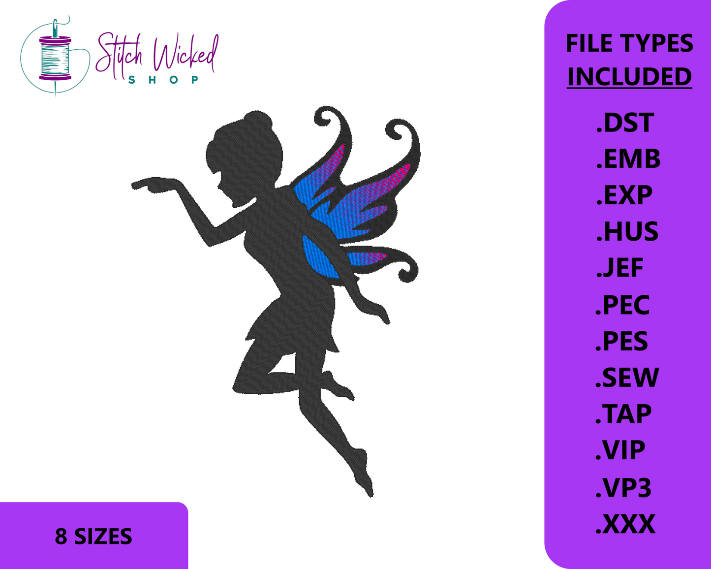 Fairy Silhouette Machine Embroidery Design, Fantasy Embroidery Machine File, Embroidery Fairies, Instant Download, 8 Sizes, Fairy 3