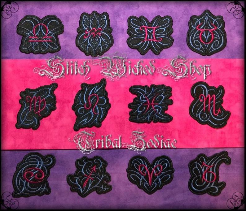 Pisces Tribal Zodiac, Fully Embroidered Patch - Stitch Wicked Shop