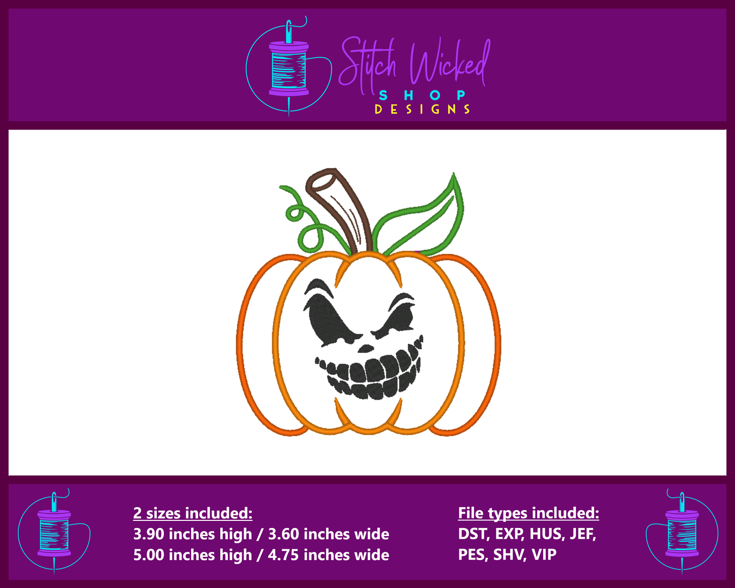 Pumpkin Jack O Lantern, Halloween Applique, Machine Embroidery Design, Digital Download (Face 4) - Stitch Wicked Shop