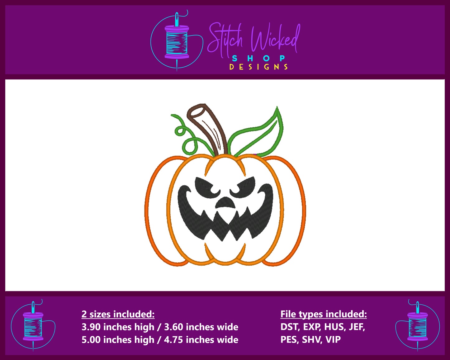 Pumpkin Jack O Lantern, Halloween Applique, Machine Embroidery Design, Digital Download (Face 5) - Stitch Wicked Shop