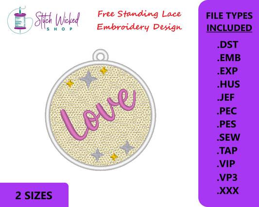 Free Standing Lace Christmas Ball Ornament Machine Embroidery Design - FSL Love, 2 Sizes