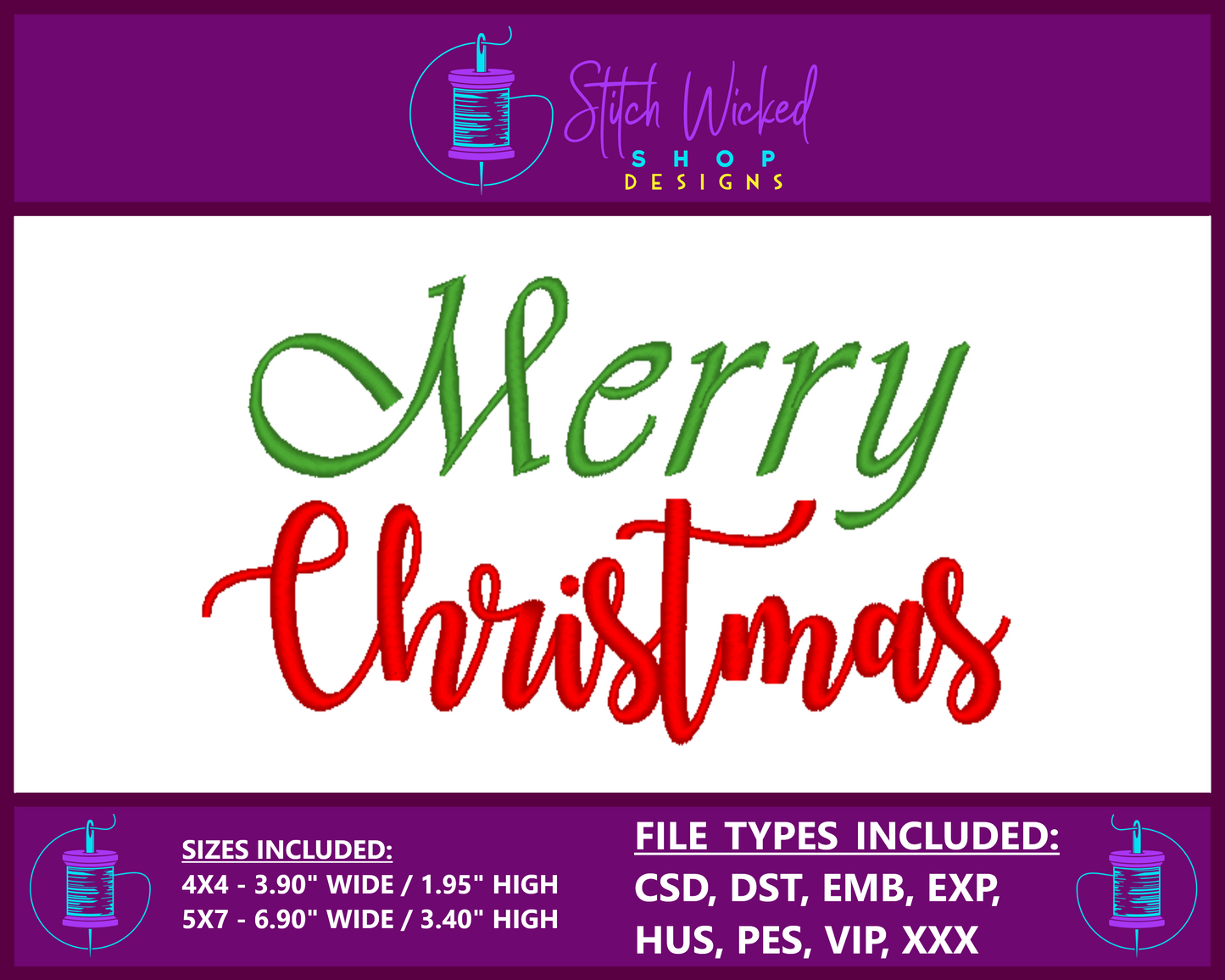 Merry Christmas Script Writing Machine Embroidery Design, Digital Download - Stitch Wicked Shop