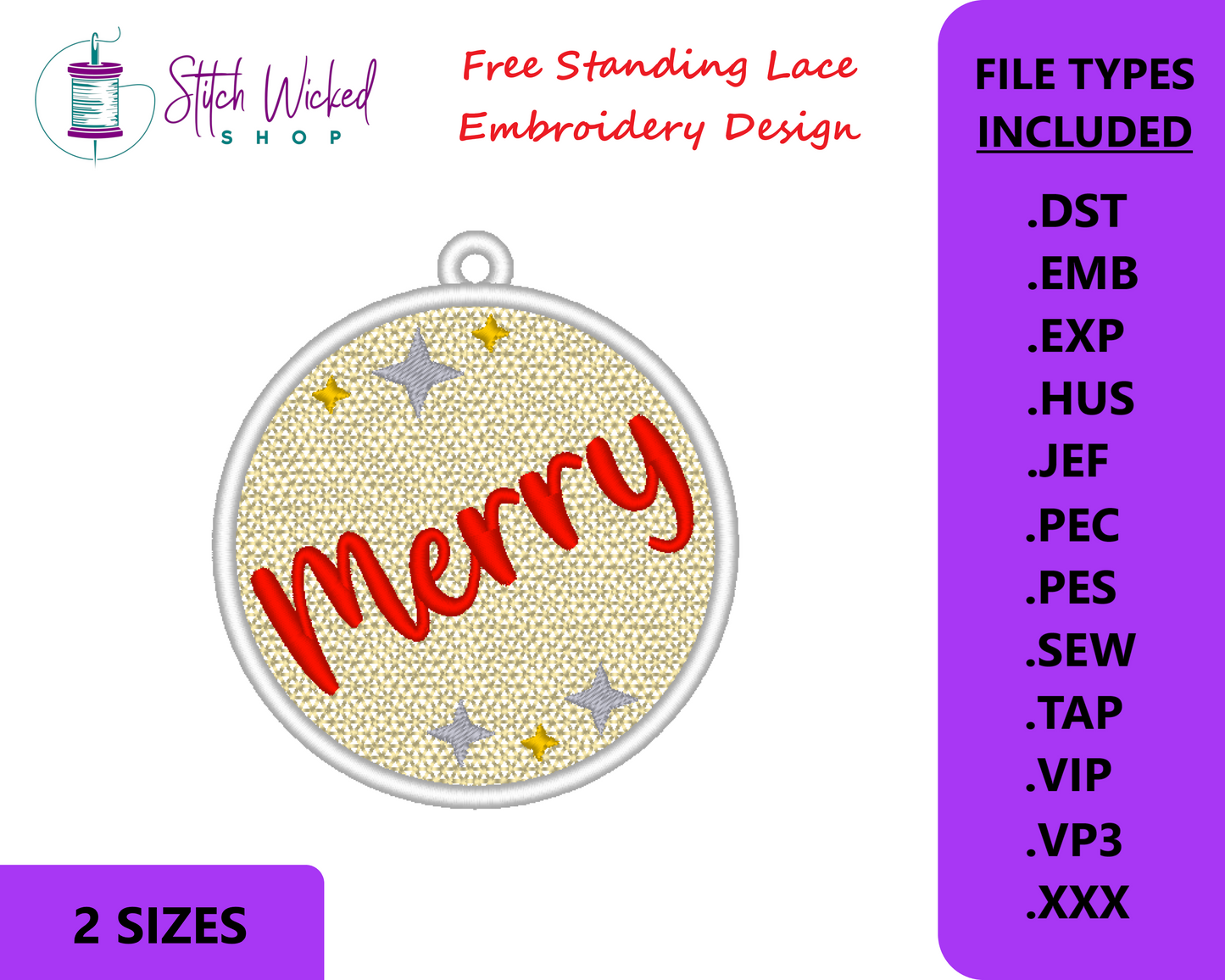 Free Standing Lace Christmas Ball Ornament Machine Embroidery Design - FSL Merry, 2 Sizes