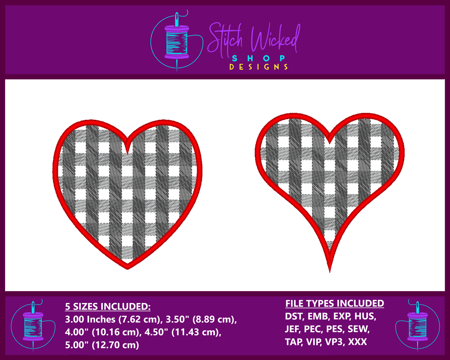 Plaid Heart Applique Embroidery Design Set, Valentines Heart Design, Applique Heart Embroidery Design, Valentines Embroidery, 5 Sizes