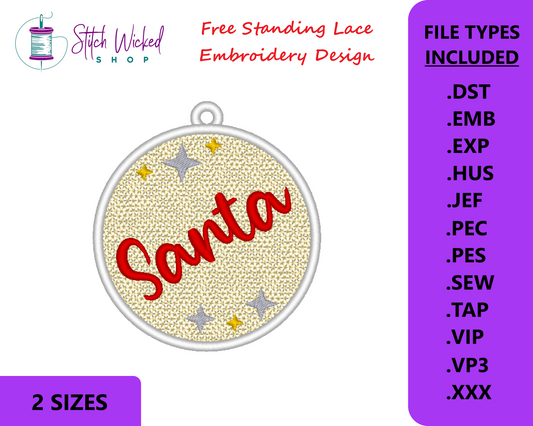 Free Standing Lace Christmas Ball Ornament Machine Embroidery Design - FSL Santa, 2 Sizes