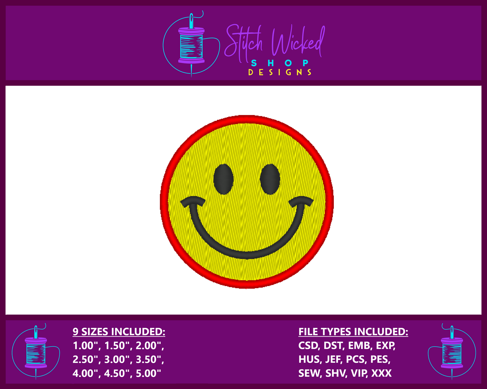 Smiley Face Machine Embroidery Design, Digital Download, 9 Sizes Included - Stitch Wicked Shop