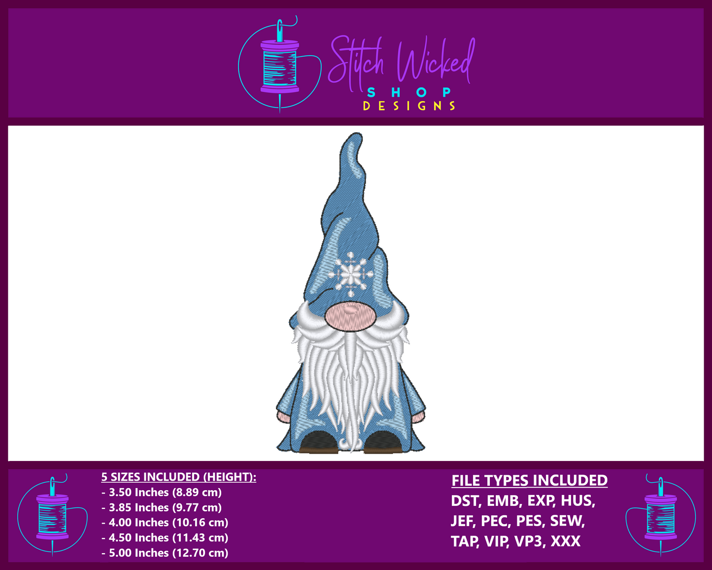 Gnome Machine Embroidery Design, Snowflake Gnome Embroidery Pattern, Gnome with Snowflake Hat 2, Gnome Pattern, Gnome Design, Gnome Pattern - Stitch Wicked Shop