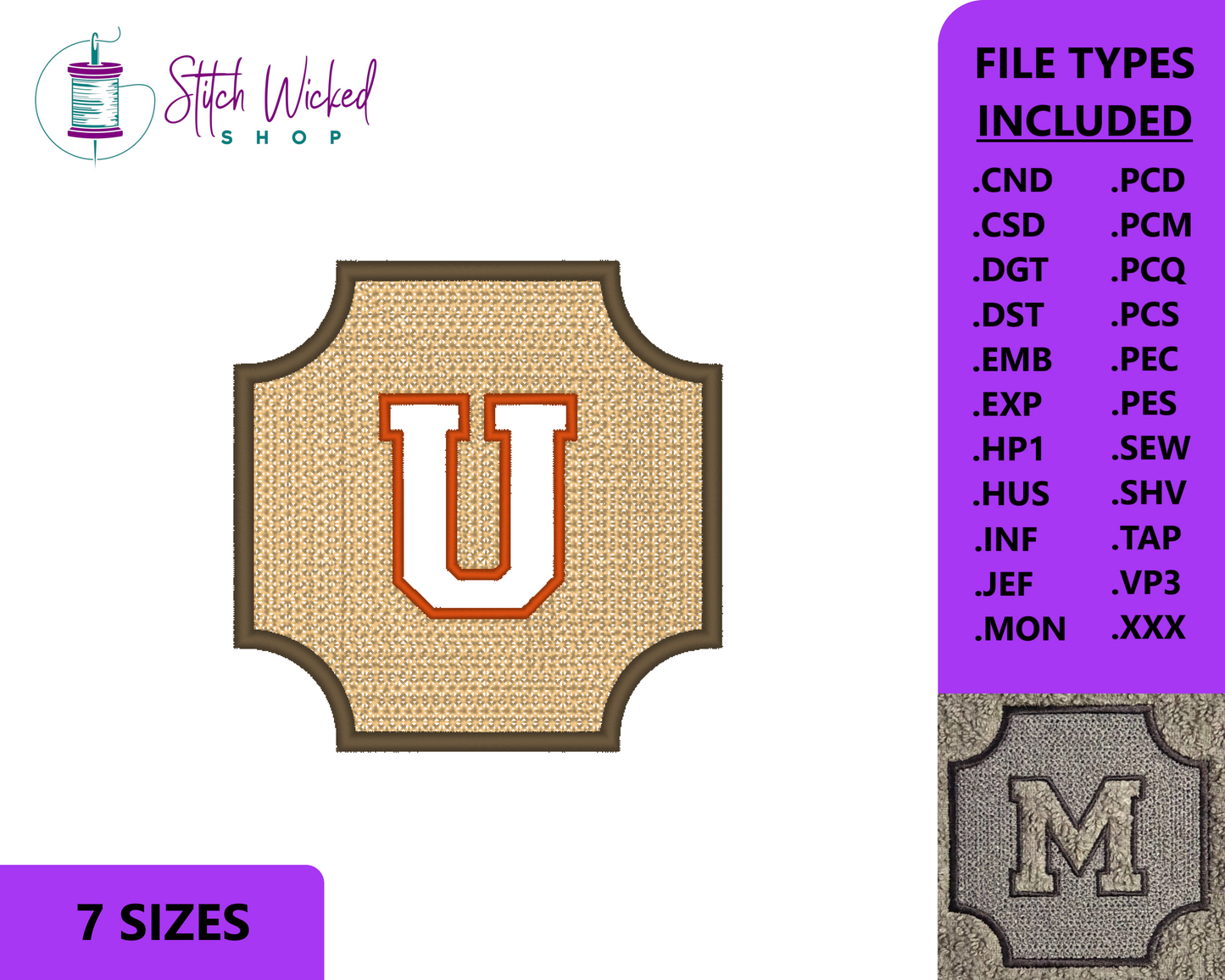 Embossed Varsity Letter Monogram Embroidery Design, Letter U