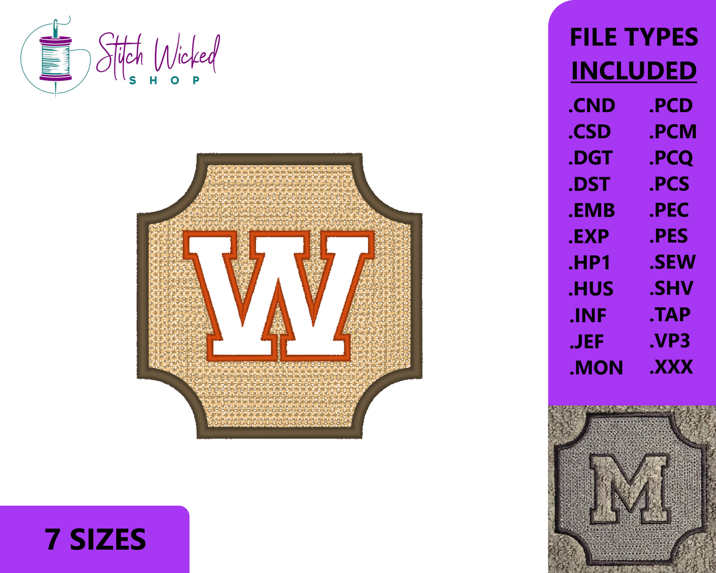 Embossed Varsity Letter Monogram Embroidery Design, Letter W